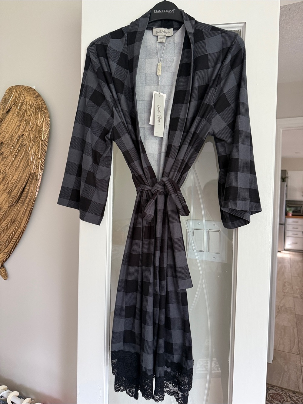 Charlie Paige Grey & Black Plaid Lace-Trim Robe